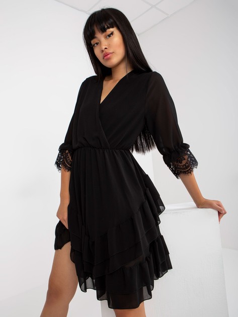 Black Flared Cocktail Dress with Ruffles 