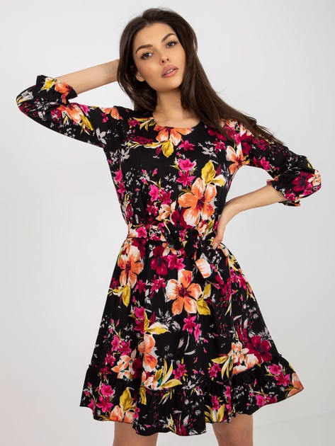 Black flared cocktail dress with print