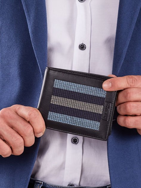Czarny skórzany portfel z niebieskimi przeszyciami 