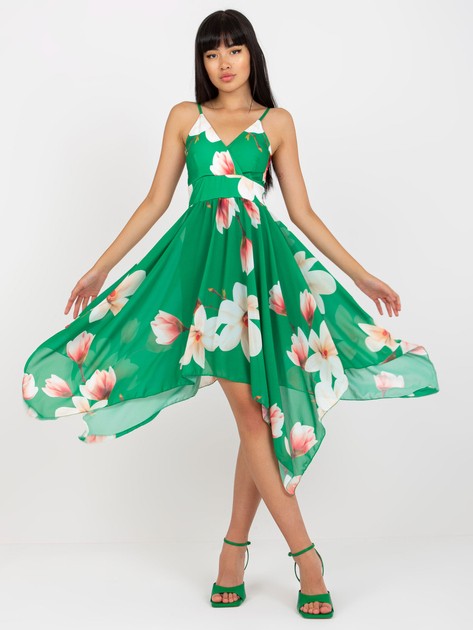 Green asymmetrical dress with print 